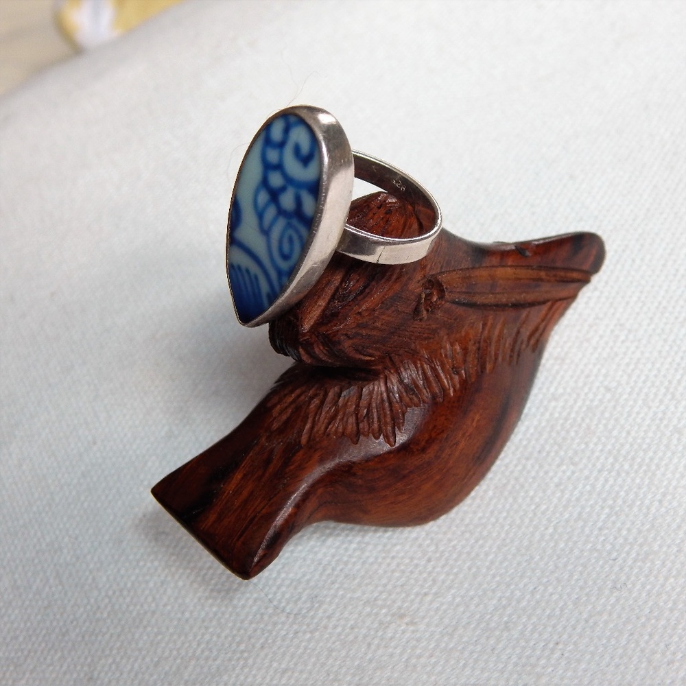 Sterling Blue White Porcelain Mehndhi Ring 8.5 - Picture 2 of 6